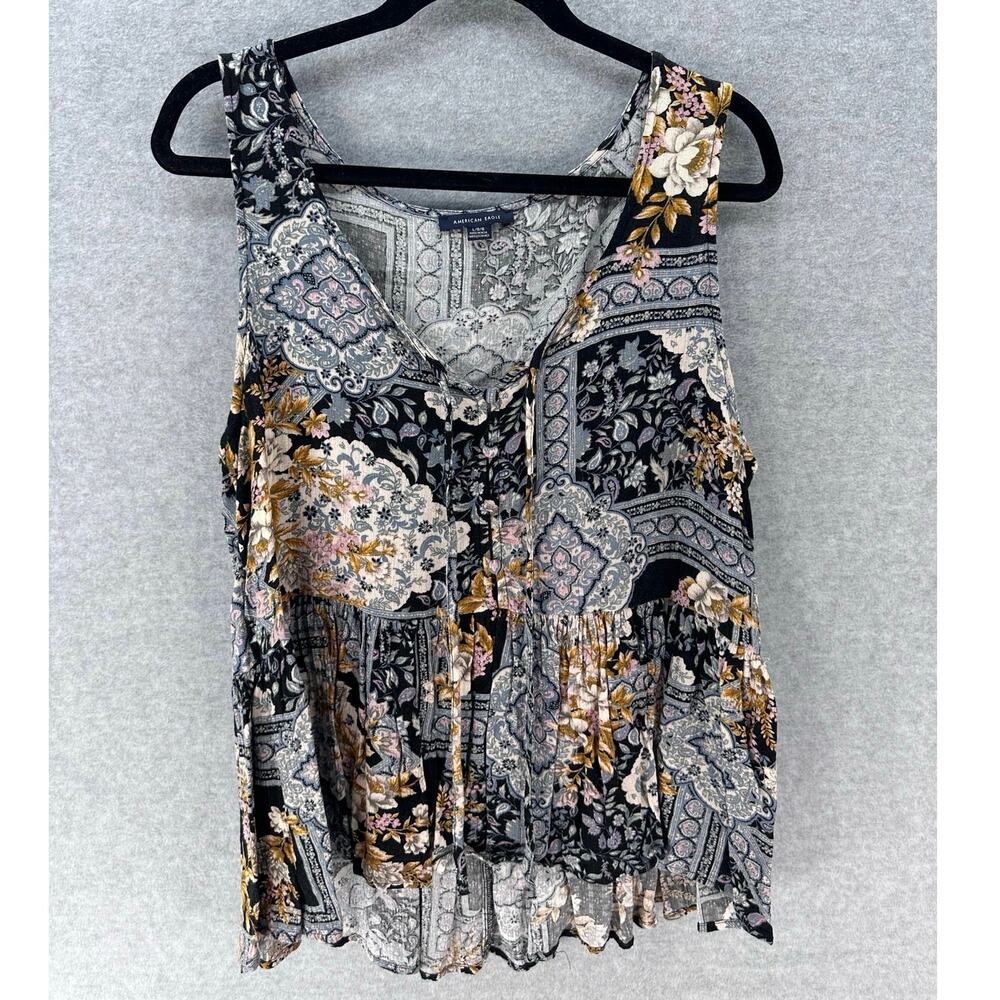 American Eagle Women's sz L BOHO Flowy Sleeveless Tank Top Buttons Floral